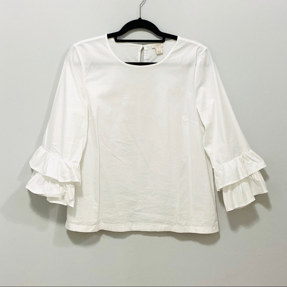 J. Crew White Cotton Ruffle Sleeve Blouse